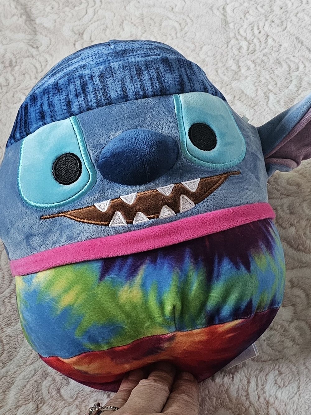 Disney Blue Stitch Plush with Tie-Dye Multicolor Body and Pink Trim